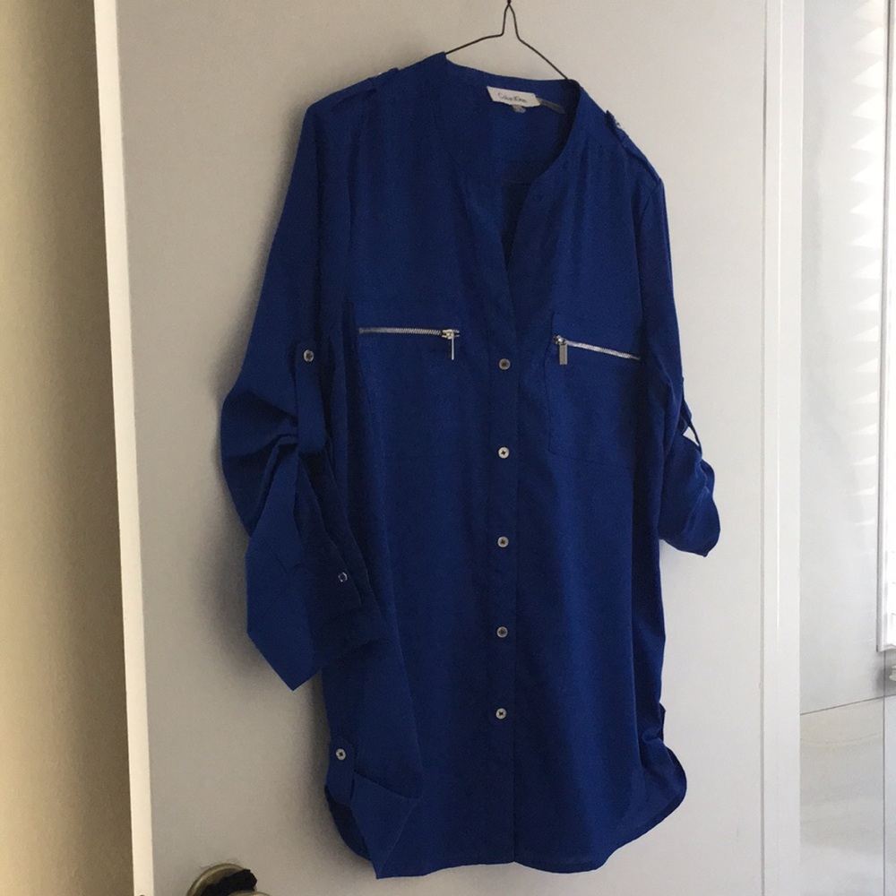Calvin Klein Blue Button-Up Shirt with Zipper Pockets, Size M